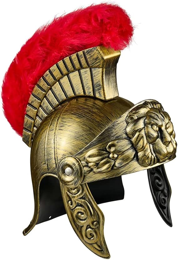 Roman Helmet with Red Feather Plume, Greek Costume Helmets, Legion Helmet, Gold Warrior