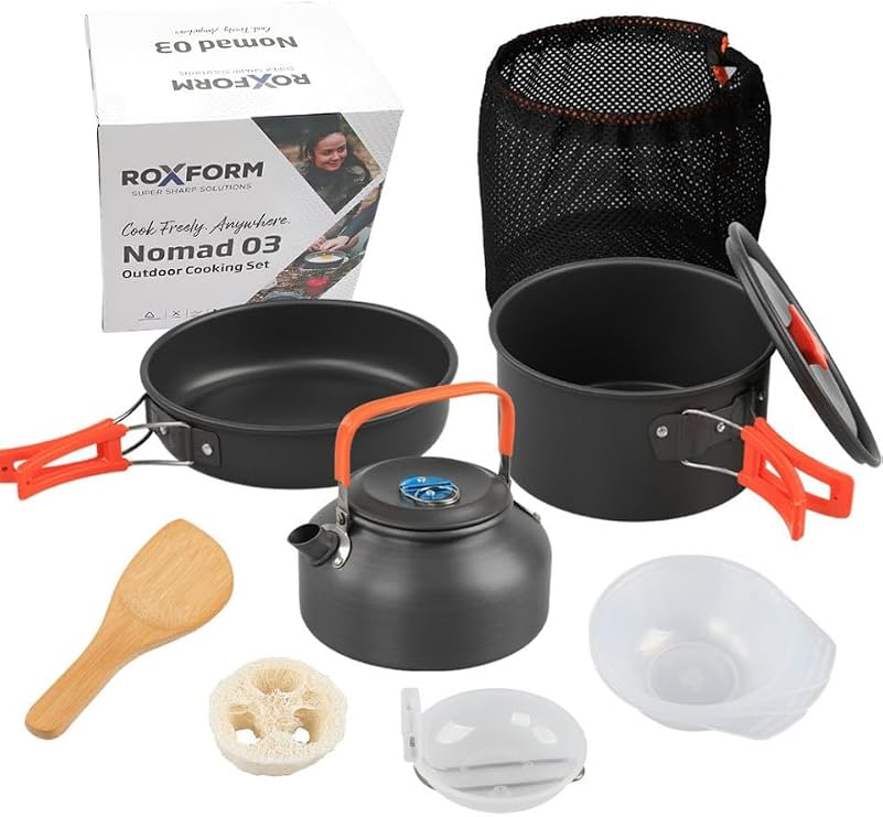 Nomad 03 Kamp Tencere Seti, 3-4 Kişilik, Sert Anodize Alüminyum, Mesh Taşıma Çantalı, 1200 g