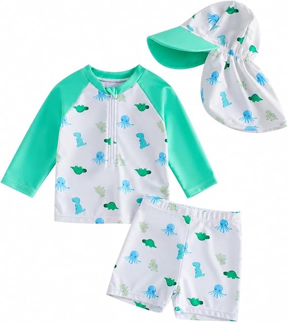 JiAmy Toddler Boys Rash Guard Swimsuit Set with Sun Hat, Long Sleeve Baby Boy Bathing Suit with Swim Trunks, 6M-4Y