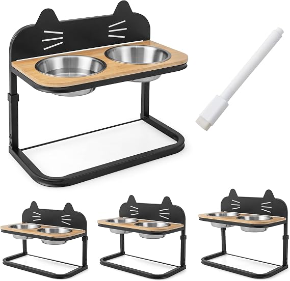 PETSITE Elevated Cat Food Bowls, Raised Cat or Dog Bowl Stand w/ 2 Stainless Steel Bowls, 3 Adjustable Heights, Ideal for Cats & Small Puppies