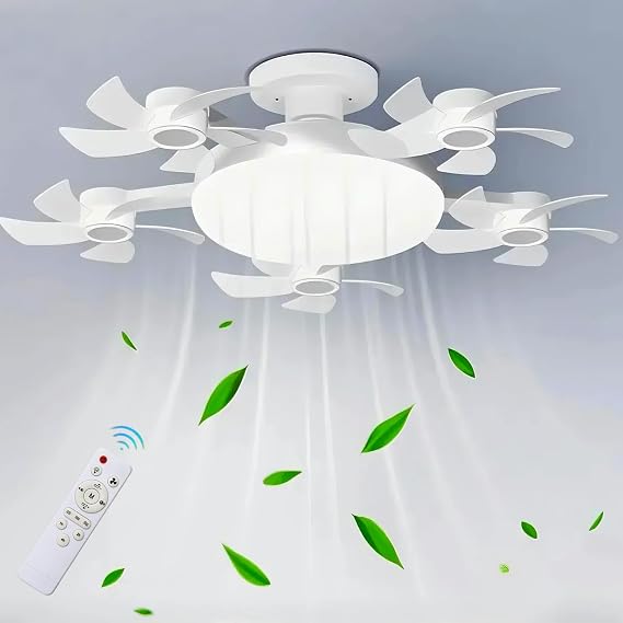 Socket Fan Light, Screw in Ceiling Fan with Remote Control Light Bulb Dimmable 3 Color Temperatures & 3 Wind Speeds E27 Screw-in Installation for Bedroom, Kitchen, Garage (5 Head)