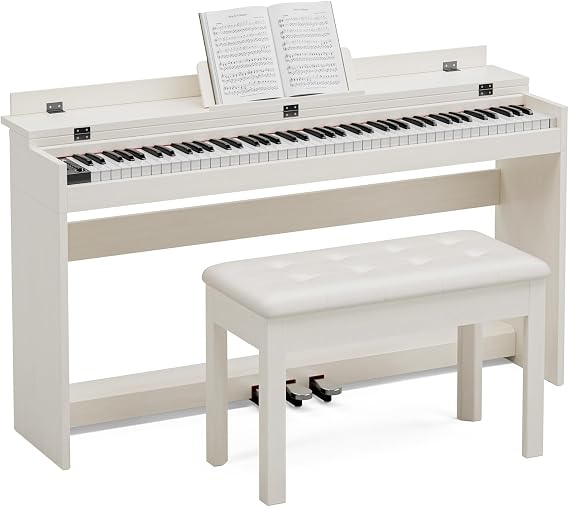 88 Key Full Size Digital Piano Keyboard,Hammer Action Electric Piano with Professional Three-Pedal & Multi-Functional Dust Cover (White with Duet Piano Bench)