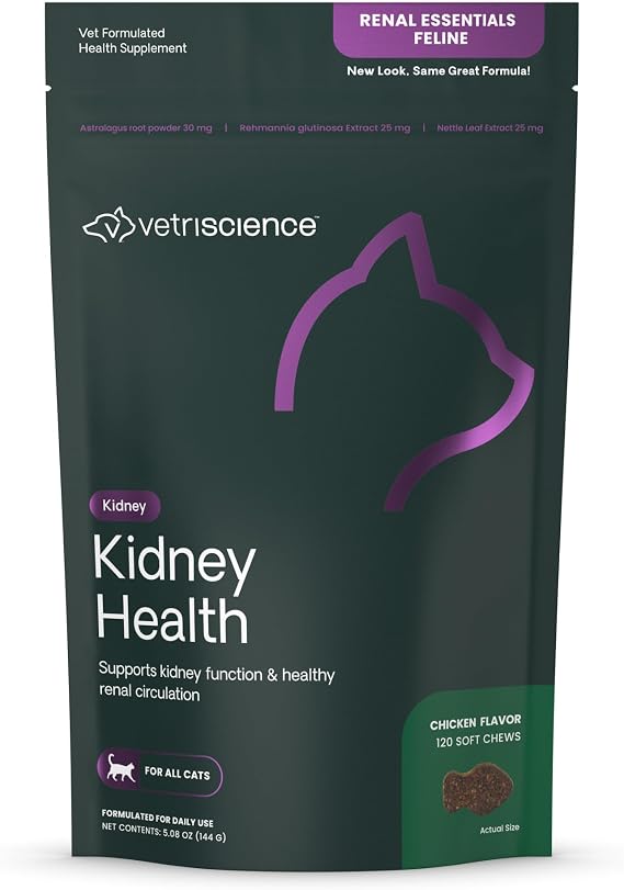 VetriScience Kidney Health Chews, Renal Essentials Supplement for Cats, Kidney Care and Support with Mushroom, Astragalus Root, Nettle Seed and Herbs, Chicken, 120 Count