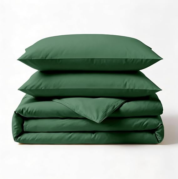 Fabdreams GOTS Certified 100% Organic Cotton Duvet Cover King Size - 400 TC Sateen - Soft - Silky - Button Closure - Edge Ties - 1 Duvet Cover (106"x92")+2 Pillow Shams (20"x36") - Forest Green
