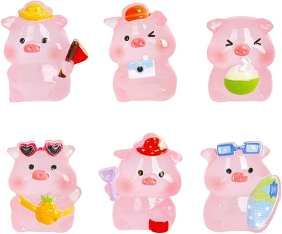 PLUSHCEWT 6 Pcs Mini Resin Animals Glow in The Dark,Miniverse Animal Pink Lucky Pig Figurines,Tiny Resin Animals for Fairy Garden,Home Desk Decor,DIY Miniature Crafts & Party Favors (Lucky Pig)