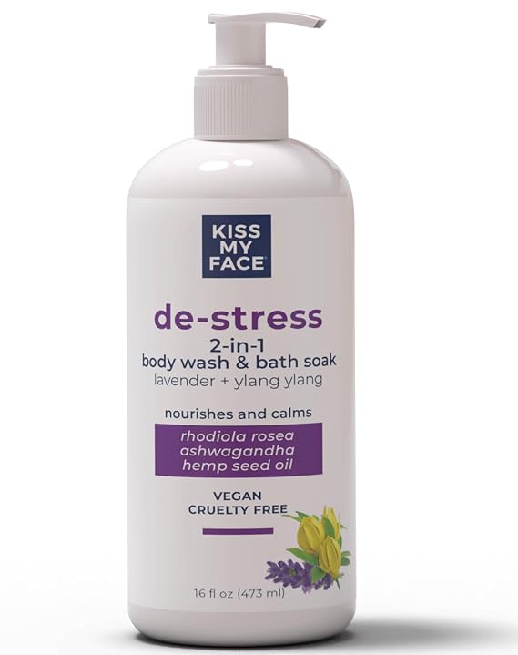 Kiss My Face De-Stress 2-in-1 Body Wash & Bath Soak Lavender + Ylang Ylang - Vegan Body Wash - 16 oz Bottle with Pump (Lavender & Ylang Ylang, Pack of 1)