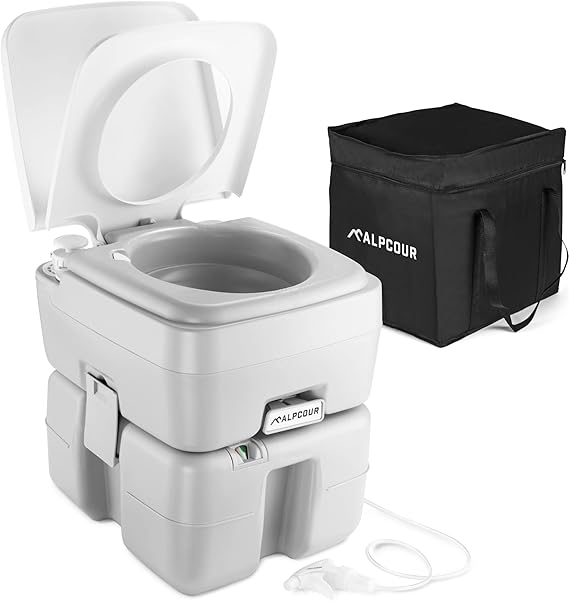 Alpcour Portable Toilet Compact Indoor & Outdoor Commode w/Travel Bag for Camping, RV, Boat Piston Pump Flush, 5.3 Gallon Waste Tank, Built-In Pour Spout & Washing Sprayer for Easy Cleaning