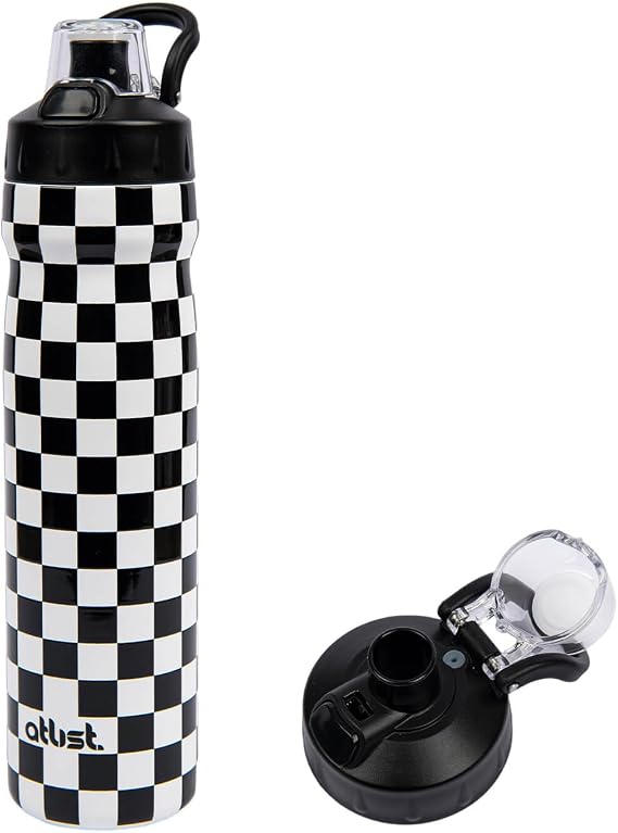 Magnetic Water Bottle with Straw 25 oz - Stainless Steel Insulated Tumbler for Gym & Bike (Fits Holders) - Leak Proof Pop-Up Lid, 2-in-1 Sip or Chug, Handle & Cute Black Checkered Print
