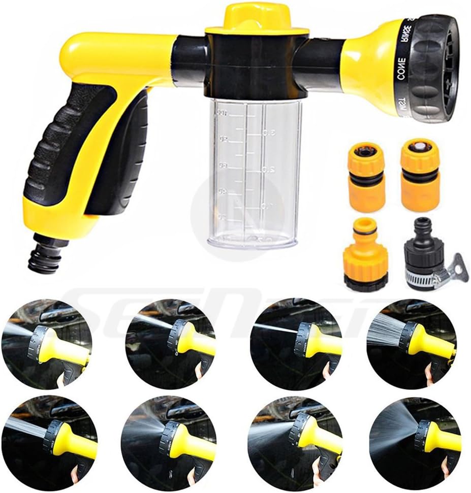Foam Water Spray Gun - High Pressure Washing Tool - Heavy Duty 8 Pattern Watering Nozzle Garden Hose Sprayer Gun Flow Control Setting Knob for Car Washing Garden Lawn Room Floor Cleaning Pets Washing
