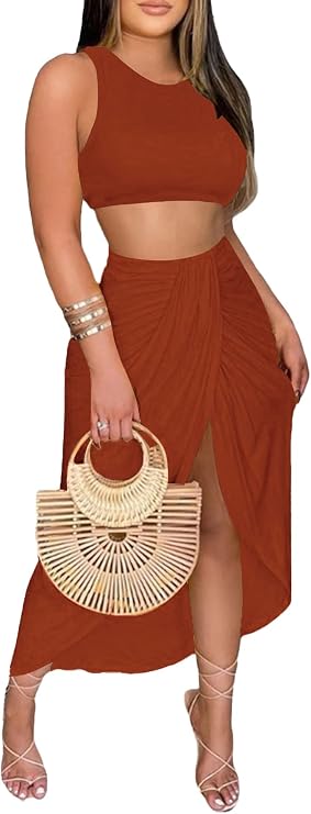 LYANER Women's 2 Piece Outfits Sleeveless Tank Crop Top and Wrap Split Slit Ruched Bodycon Midi Skirt