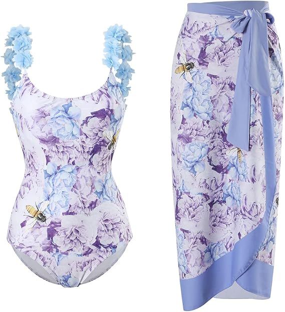 Women's One Piece Swimsuit with Beach Cover up Wrap Skirt Sarong Retro Floral Print Bikini Set Two Piece Bathing Suit