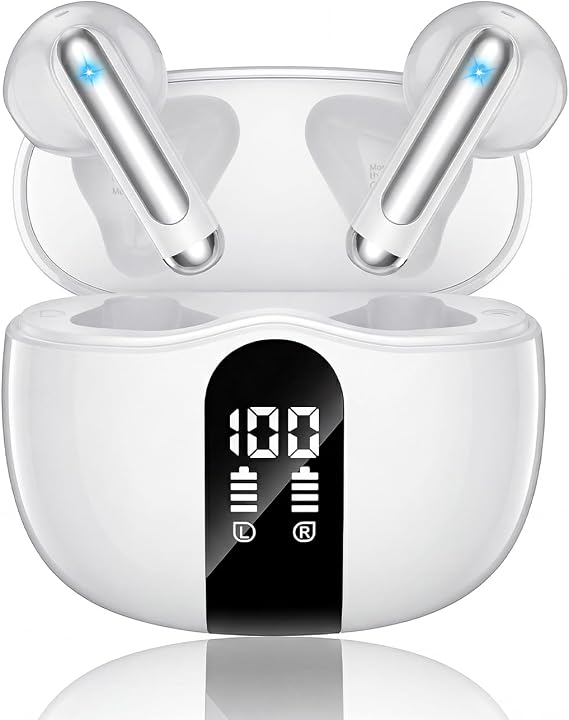 XIAOWTEK Wireless Earbuds, 2026 Bluetooth 5.4 Headphones Bass Stereo Ear Buds with Noise Cancelling Mic, LED Display in Ear Earphones 50H Playtime Ear Buds, IP7 Waterproof for Laptop Pad Phones White