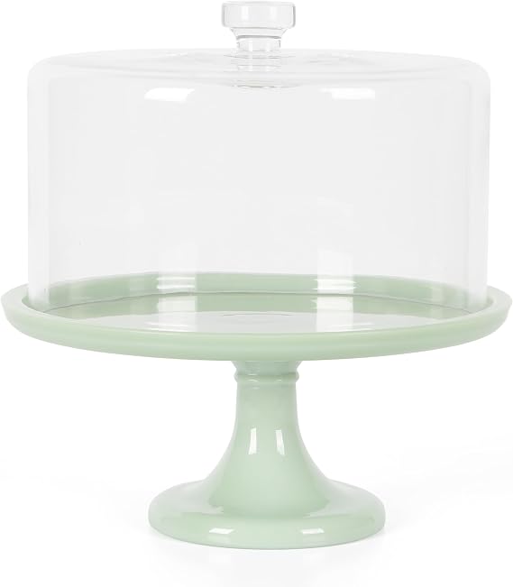 Martha Stewart Highbrook 10-Inch Jadeite Cake Stand with Glass Dome Vintage-Style Pedestal Dessert Plate for Cakes (up to 8.5") and Pastries, Decorative Covered Serving Platter
