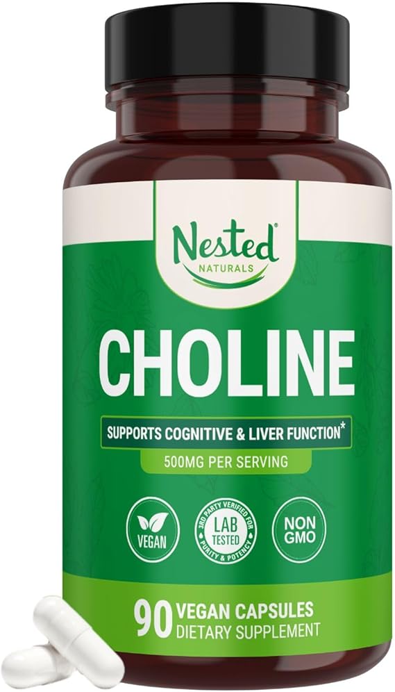 Nested Naturals Choline Bitartrate 500mg Per Serving - High Potency Choline Supplements - Supports Cognitive Performance & Liver Function - 100% Vegan & Non-GMO Choline - 90 Vegan Capsules