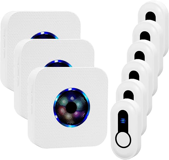 Wireless doorbells, waterproof, easy installation, 1 ft long range, 55 ringtones 5 volume, 7 color LED flash doorbell, for home class apartment, 2 push buttons, 3 receivers