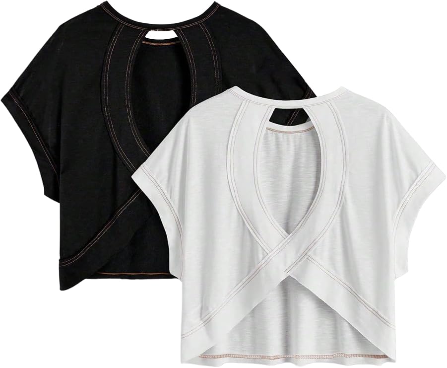 WDIRARA Girl's 2 Pack T Shirts Crew Neck Criss Cross Short Sleeve Tees