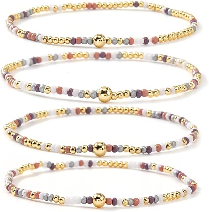 Gold Beaded Bracelets for Women Handmade Boho Stretch 14K Gold Plated Beads Ball Colorful Seed Bead Bracelet Set Stackable Fall Jewelry Accessories Autumn Vacation Friendship Gift