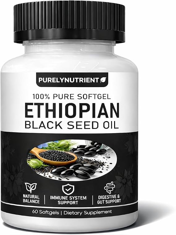 Ethiopian Black Seed Oil, Purely Nutrient Aceite De Semilla Negra Etiope Capsules with Thymoquinone, Organic Cold-Pressed, 60 Softgels
