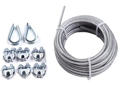 Vinyl Coated Wire Rope Kit with 6 Clip and 2 Thimble, 1/8" Thru 3/16 Cable, 30' Length, 340 lbs Working Load Limit, 7x7 Construction