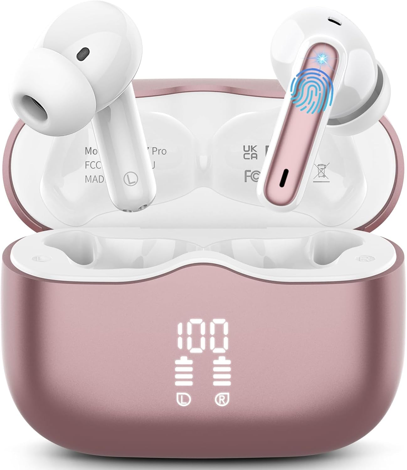 Wireless Earbuds, Bluetooth 5.4 Headphones in Ear with HiFi Stereo Deep Bass, 4 ENC Noise Cancelling Mic Wireless Earphones 40H Playtime, Bluetooth Earbuds Dual LED Display, IP7 Waterproof, Rose gold