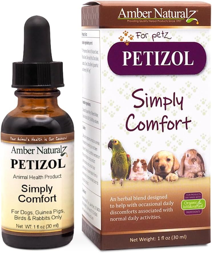 AMBER NATURALZ Petizol Simply Comfort Herbal Supplement for Dogs, Bird, Rabbit | Support for Occasional Discomforts and Normal Body Temperature | 1 Fluid Ounce Glass Bottle | Manufactured in The USA
