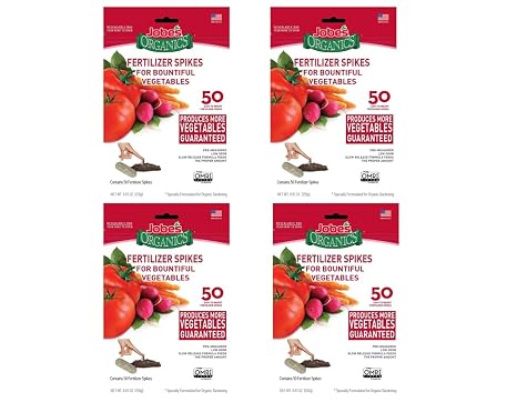 Jobes Organics Vegetable & Tomato Fertilizer Spikes, 2-7-4 Time Release Fertilizer for All Vegetables, Herbs and Tomato Plants, 50 Spikes per Package (4, 1 Pack)