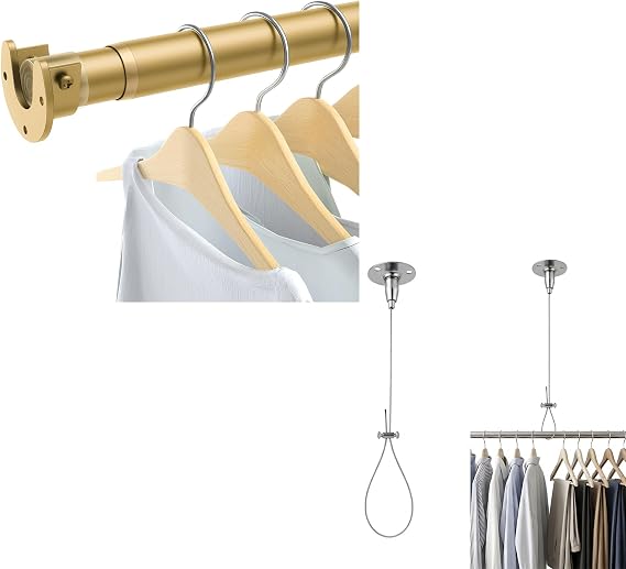 Closet Rods for Hanging Clothes, 17 to 54 Inch Heavy Duty Stepless Adjustable Closet Hanging Rod, Ceiling Support Closet Rod Bracket, Adjustable Closet Rod Holder