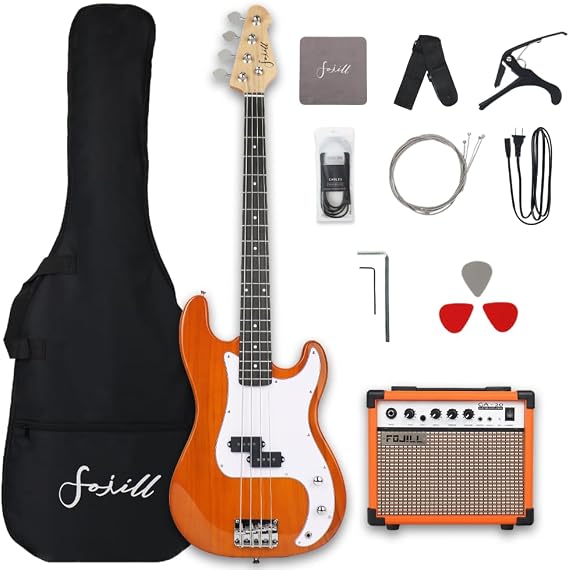 Fojill Full Size 4 Four String Electric Bass Guitar 20W Amplifier Amp Right Hand Beginner Starter Kit Set Combo Bundle Accessory Gig Bag,Strap,Picks,Capo,Noiselss Cable,Strings (Orange)
