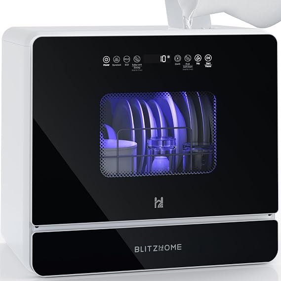 Countertop Portable Dishwasher, 9 Programs, 167F High-Temp, 360 3 Spray, 24H Timing, Hot Air Drying, Air Refresh, Baby-Care, LED Light, 5.2L Built-in Water Tank for Apartments RVs