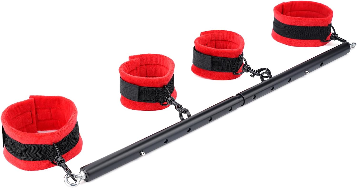 Spreader Bar Expandable Exercise Black Stainless Steel Bar with 4 pcs Black Fur Adjustable Strap, Yoga Training Fitness Gear, Workout Bar,Sports Gym Kit