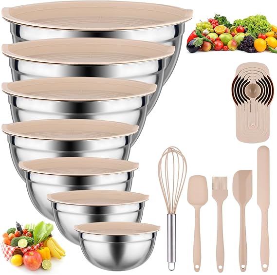 Leidawn Mixing Bowls with Lids Set, 25 PCS Khaki Mixing Bowl for Kitchen
