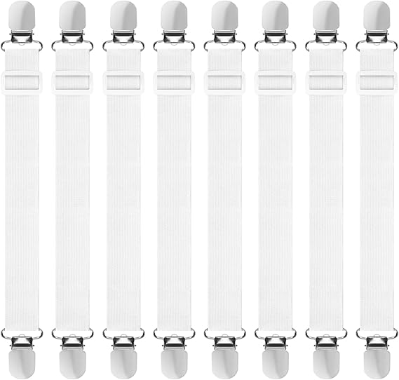 Hanyousheng 8 Pcs Bed Sheet Clips, 30 cm-130 cm Adjustable Bed Sheet Straps Elastic Sheet Clips, Sheet Grippers and Mattress Straps for Bedding, Mattress Covers, Bed Sheets, Sofa Cushion(White)