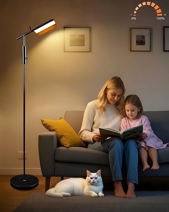 Lightdot 62IN Reading Floor Lamp, Dimmable LED Floor Lamps for Living Room, 350 Angle Adjustable Standing Lamp for Bedroom, Mid Century Industrial Design for Reading Room Office Study Room-Black