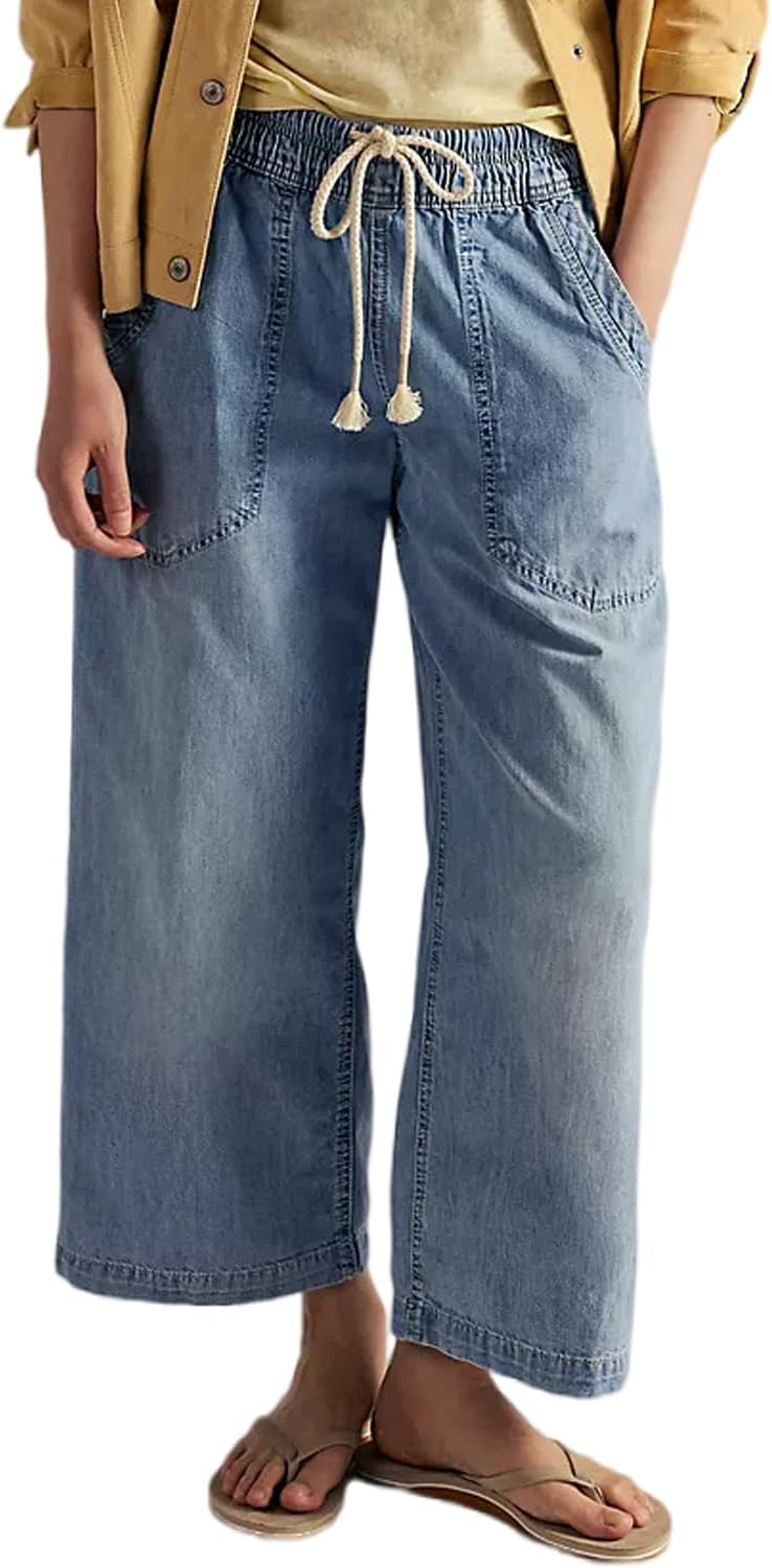 yoeasy Womens Wide Leg Jeans Mid Rise Stretchy Straight Leg Baggy Drawstring Casual Denim Pants