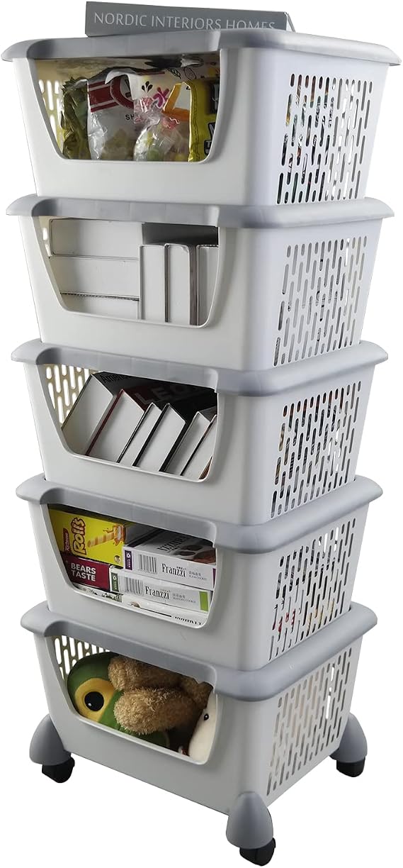 5-Tier Stackable Storage Bins with Lids, Stacking Bins with Wheels
