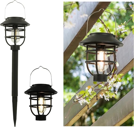 Crosslight Solar Powered Patio Light | Vintage 2 in 1 Stake and Hanging Decor for Patio, Porch, Pathway, Yard, Balcony | 8 Hour Illumination with Rechargeable Battery Included - 4 Pack