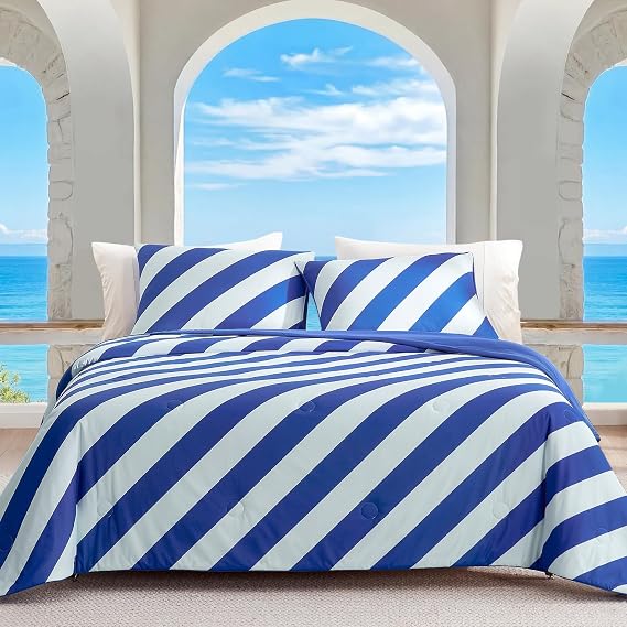 Snuggle Sac Mediterranean Stripe Cooling Comforter Twin Size Set, Q-Max >0.45 Cooling Blanket for Hot Sleepers & Night Sweats, Double-Sided Cool Tech Lightweight Breathable Summer Quilt, 68x90 Blue