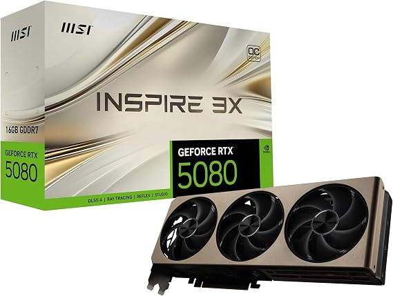 msi Gaming RTX 5080 16G Inspire 3X OC Graphics Card (16GB GDDR7, 256-bit, Extreme Clock TBD MHz, DisplayPort x 3 2.1a, HDMI 2.1b, NVIDIA Blackwell Architecture)