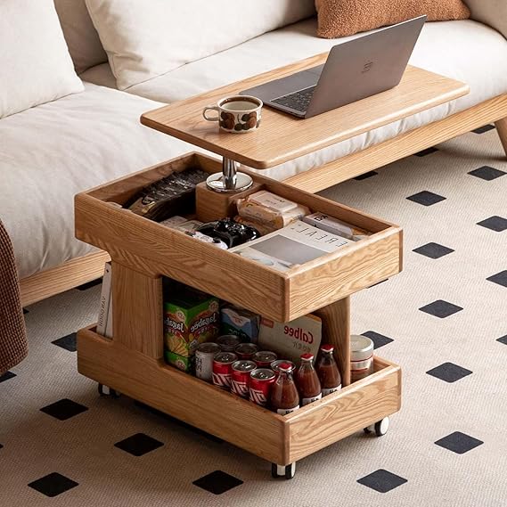 YESWOOD Solid Wood Side Table with Wheels Mobile Coffee Table with Storage Space Height Adjustable Coffee Table for Living Room Bedroom & Dining Room - No Assembly Required (Oak)