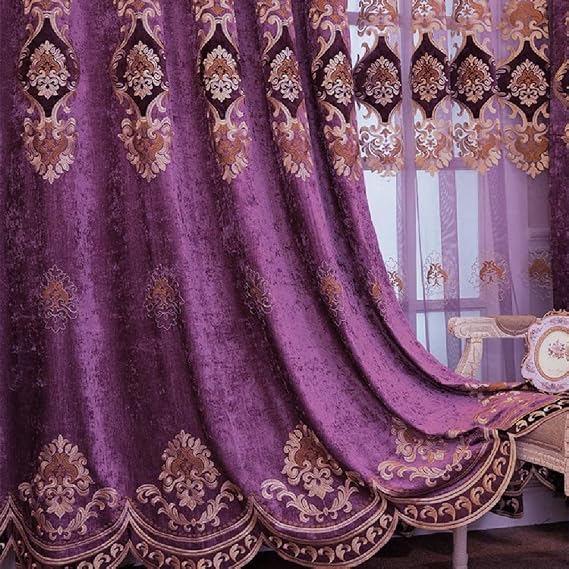 Amidoudou European Luxury Embroidered Curtains for Living Room Bedroom Chenille Curtains (2 Panels, 37 x 84 inches, Purple)