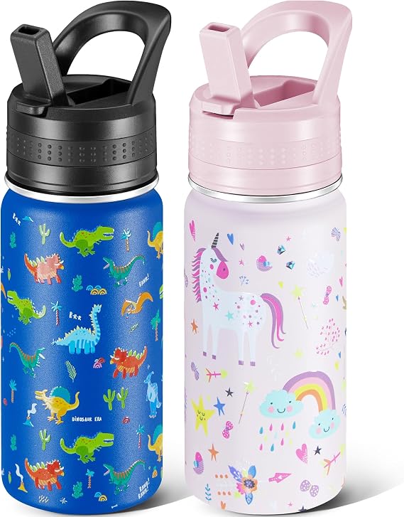 2 Pack Kids Water Bottle,14 Oz Stainless Steel Water Bottle with Straws, Leak-Proof, BPA-Free, Insulated Water Bottles for School Boys & Girls|Blue Dinosaur + Pink Unicorn,G1