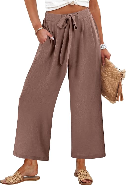 Caracilia Womens Wide Leg Palazzo Pants with Pockets | Cropped High Waisted Loose Casual Pants, Lightweight Breathable Flowy, Beach Vacation & Travel, Summer Fall Lounge Trousers