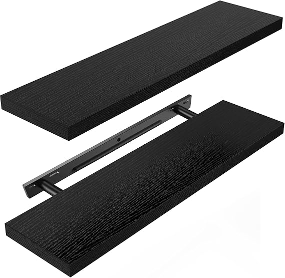 AMADA 60 cm L Floating Shelves with Invisible Brackets, Set of 2, Black | Wall Shelves with Hidden Metal Brackets for Bathroom, Bedroom, Living Room, 10 kg Max Load per Shelf, Easy to Assemble