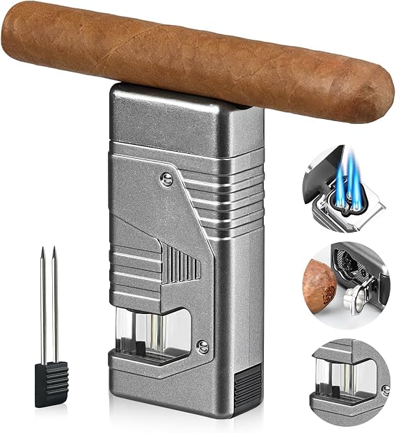 Joyoldelf Cigar Lighter Triple Torch - Windproof 3 Jet Flame Torch Lighter, Refillable Butane Lighter with Cigar Holder, Punch & Visible Fuel Window(Butane Required), Premium Cigar Accessories for Men