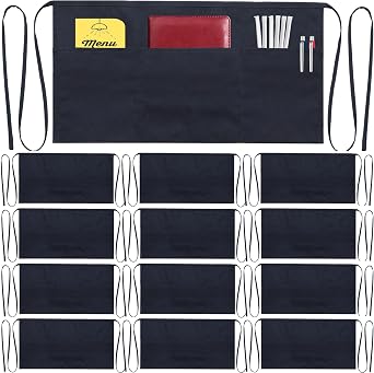 Server Aprons with 3 Pockets, Stain Resistant, Waist Apron, Waitress Apron for Women, Men, Half Apron - 12 Pack