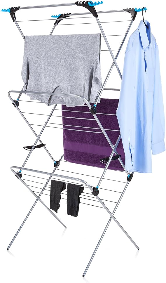 Minky Homecare 3 Tier Plus Indoor and Outdoor Portable Clothes Drying Rack - Collapsible Laundry Air Dryer with 69 ft. of Hanging Space - Silver