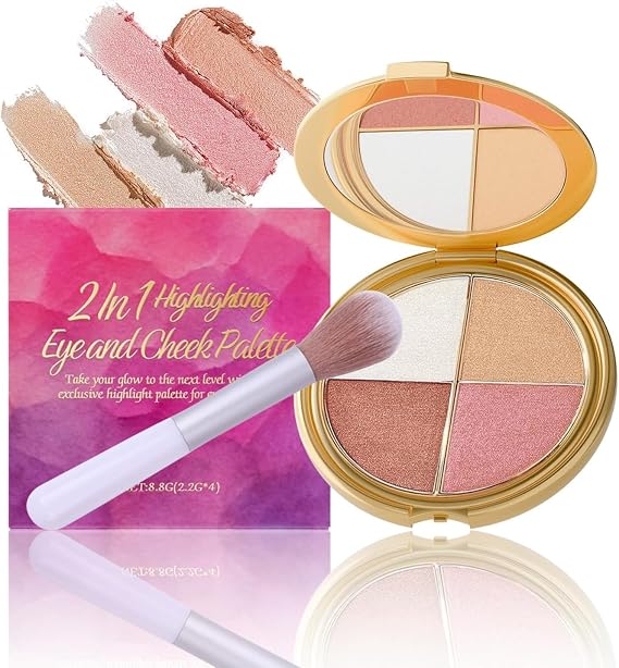 4-In-1 Highlighting Eye & Cheek Palette With Brush,Eyeshadow and Highlighter Makeup,Metallic Shimmer Makeup Palettes Contour Kit,Defining the Face Lightweight Long Lasting Natural Glow