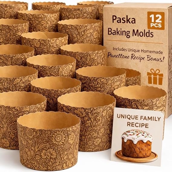 15 oz Kulich & Panettone Baking Molds 12 Pack | Large Non-Stick Easter Bread Paper Forms | W 5.1" x H 3.4" | Oven & Microwave Safe | Brown Elegant Design + Bonus Family Recipe