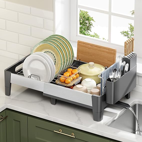 Urackify Expandable Dish Drying Rack, Stainless Steel Dish Rack with Aluminum Frame, Dish Drainer for Kitchen Counter, Space Saving Kitchen Drying Rack with Movable Utensil Holder, Gray