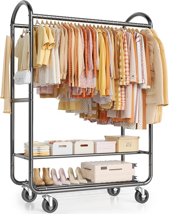 Heavy Duty Clothing Racks for Hanging Clothes 720 Lbs, Rolling Clothes Rack Double Rod Garment Rack with Lockable Wheels, Metal Closet Organizer for Bedroom, Laundry, Retail, Black